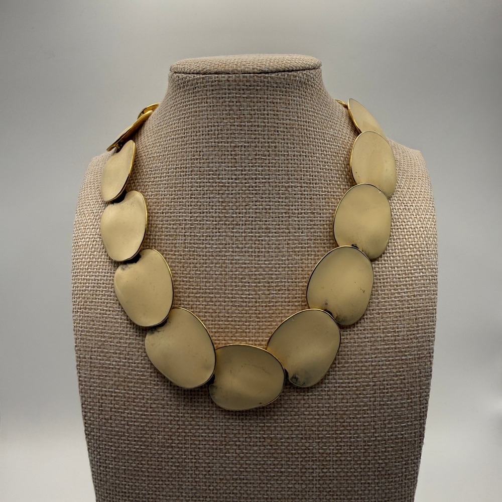 Cream Gold Tone Enamel Plate Chunky Statement Collar Necklace Vintage 70s